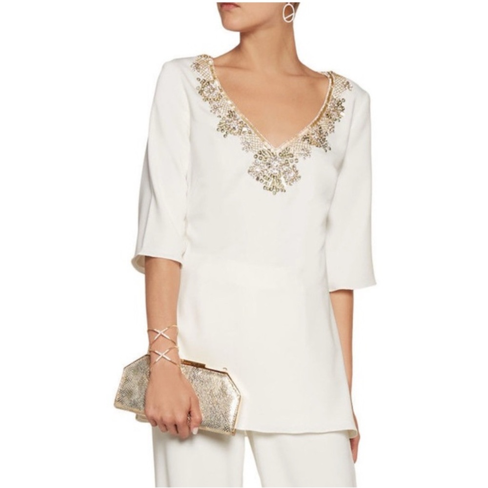 Marchesa Notte ,Elegant White and Gold Embellished Women's Top